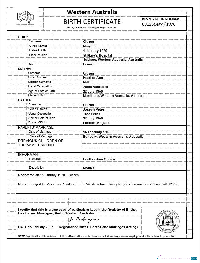 Download Australia Western Australia birth certificate template in Word format, version 3 Photoshop template